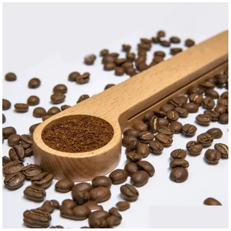 Wholesale Wooden Coffee Scoop With Clip Tablespoon Solid Beech Wood Measuring Tea Bean Measuring Spoons Clips Gift