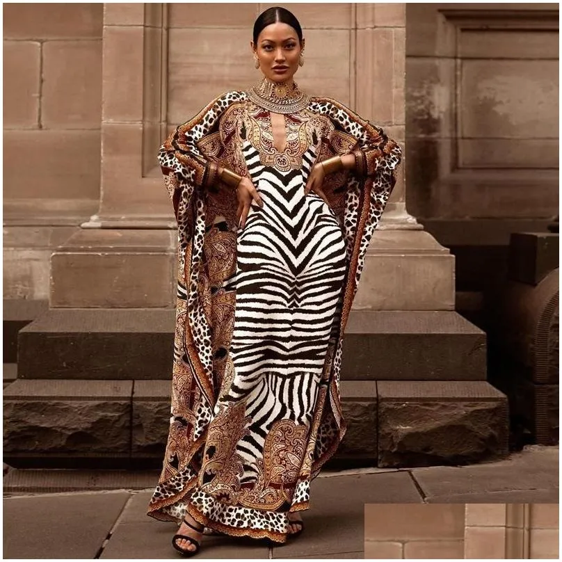 ethnic clothing african dresses for women plus size zebra printed dashiki elegant ladies gown muslim abaya kaftan bat sleeve v-neck