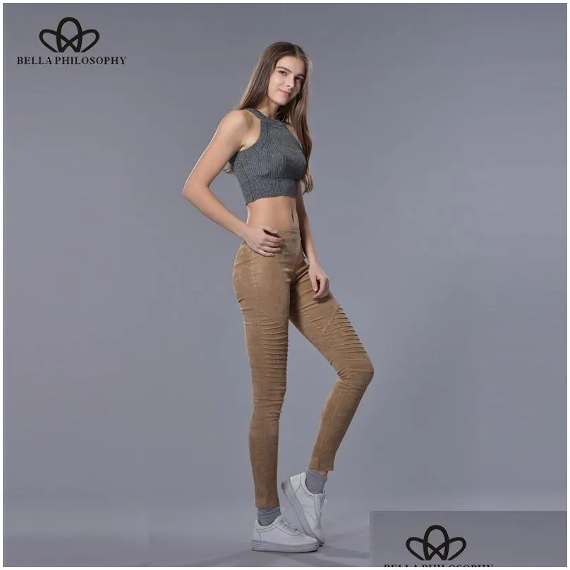 Sitruuna Spring winter faux suede leggings fold high waist retro elastic stretchy slim women pencil pants plus size 201109