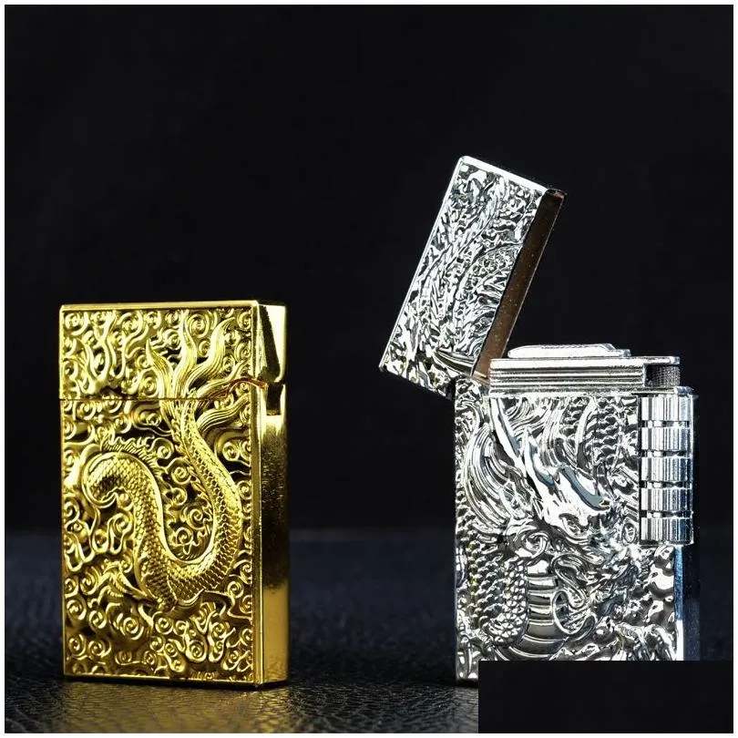 Dragon Gas Butane Refillable Lighter Grinding  Flint Lighter Metal Emboss PING Bright Sound Cigarette Cigar Lighter Inflated