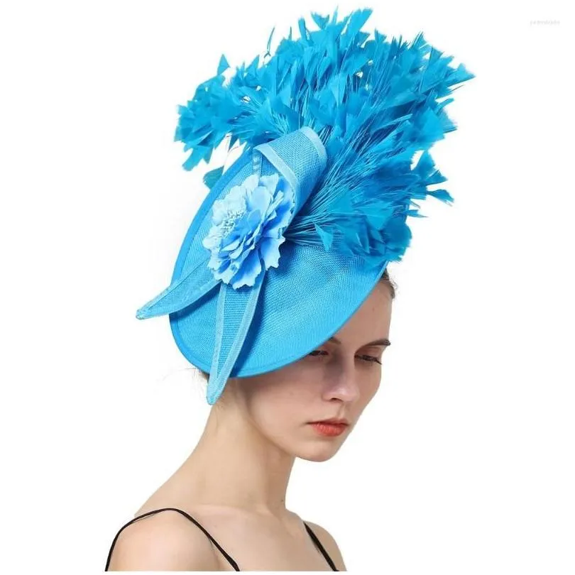 Headpieces Imitation Sinamay Wedding Headpiece For Women Derby Church Fascinator Hat Fashion Party Chapeau Cap Feather Headwear Bride