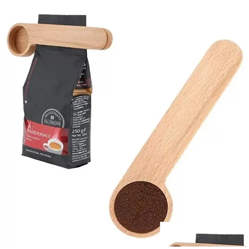 Wholesale Wooden Coffee Scoop With Clip Tablespoon Solid Beech Wood Measuring Tea Bean Measuring Spoons Clips Gift