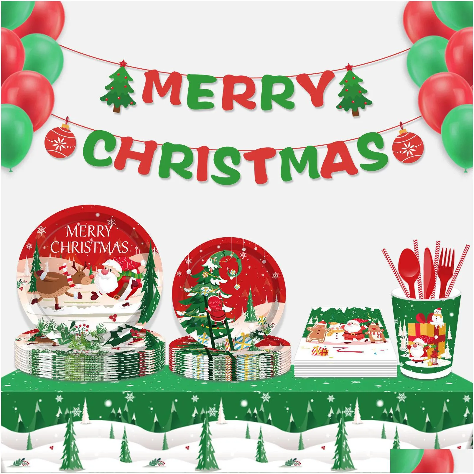 christmas tree santa claus paper plates party supplie plates and napkins birthday set party dinnerware serves 8 guests for plates, napkins, cups