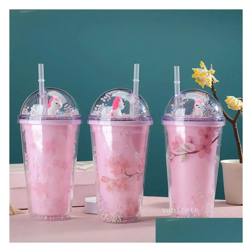 fashion tumblers drinkware plastic cups flower double-layer straw cup plastic transparent creative water cup lt290