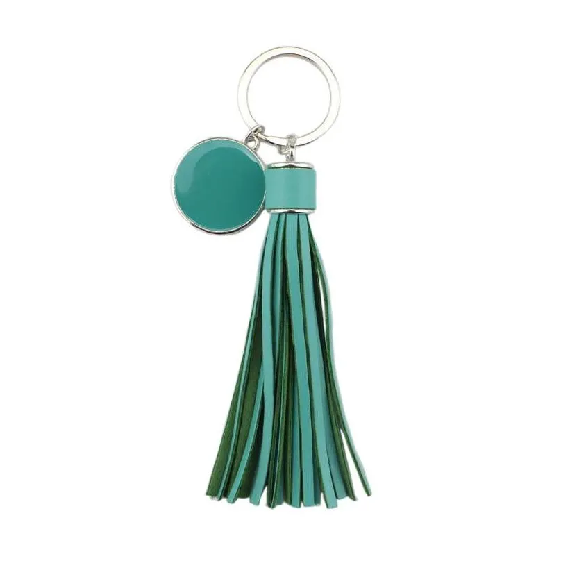 Keychains Fashion Silver Round Pompom PU Leather Tassel Keychain Bag Charms Key Ring Personalized Enamel Jewelry Valentines Day1