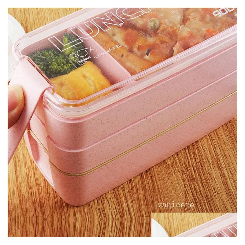 home lunch boxes 3 grid wheat straw bento transparent lid food container for work travel portable student lunch boxes containers lt255