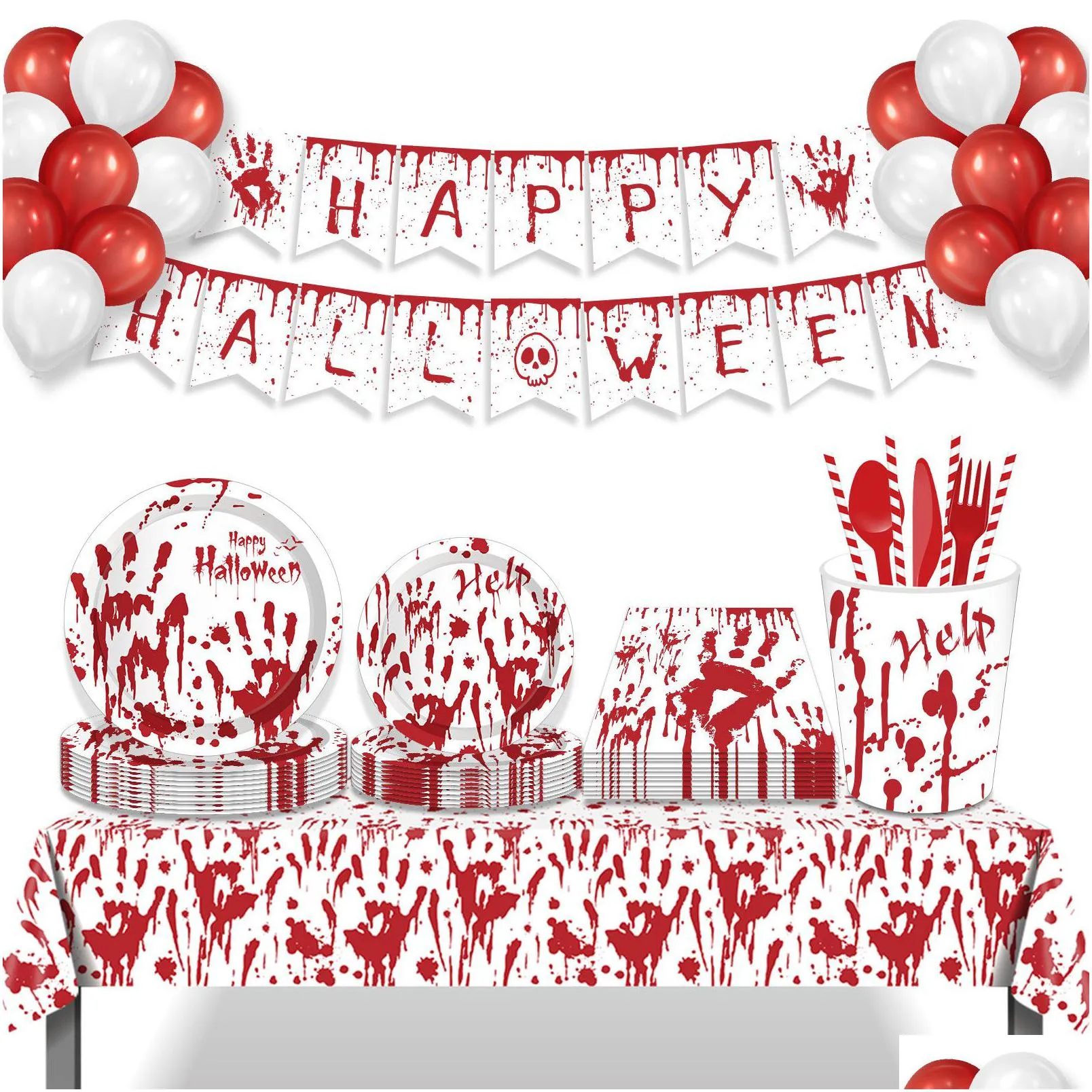 halloween blood hand bleeding paper plates party supplie plates and napkins birthday set party dinnerware serves 8 guests for plates, napkins, cups