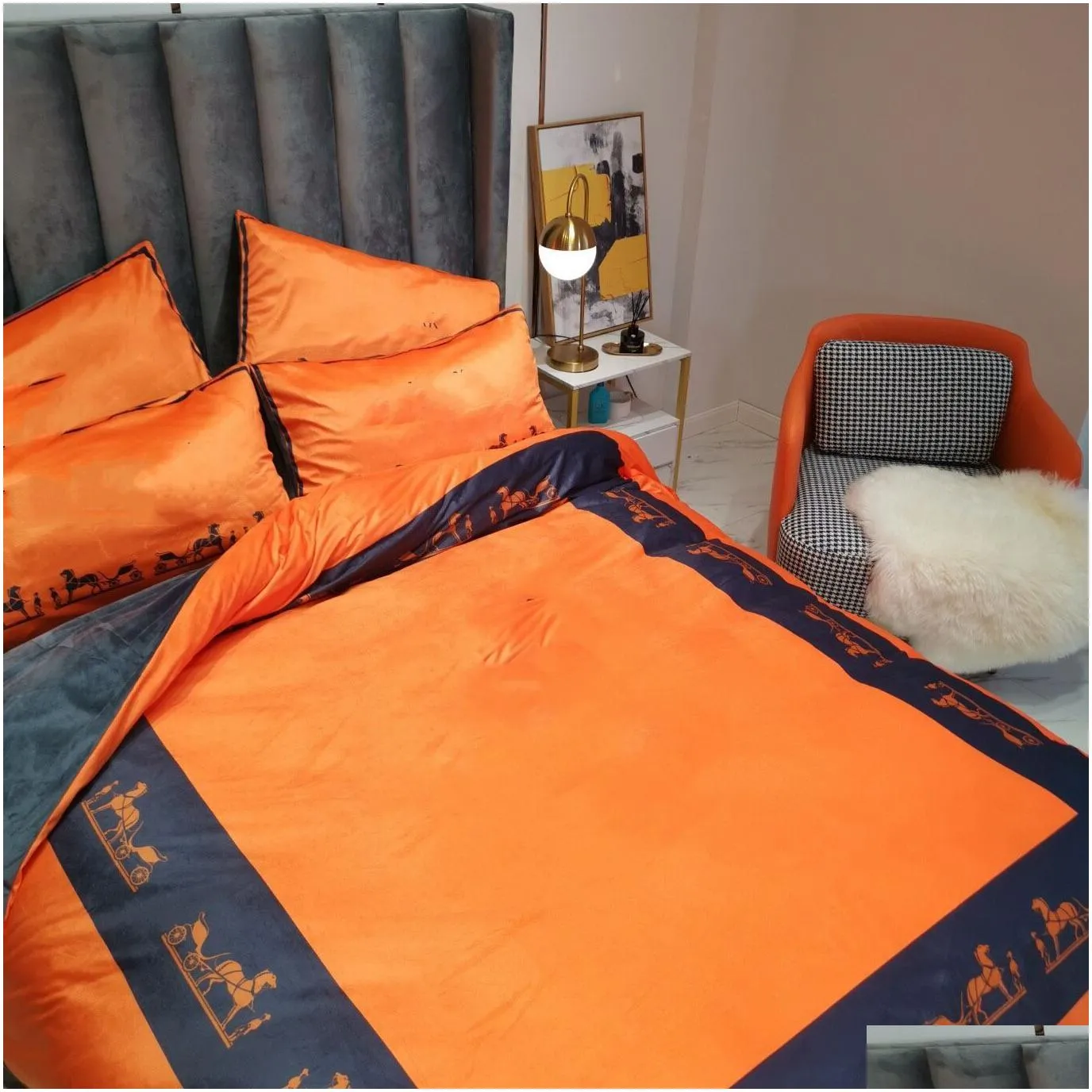 orange designer bedding sets velvet duvet cover queen size bed comforters set 4 pcs pillow cases