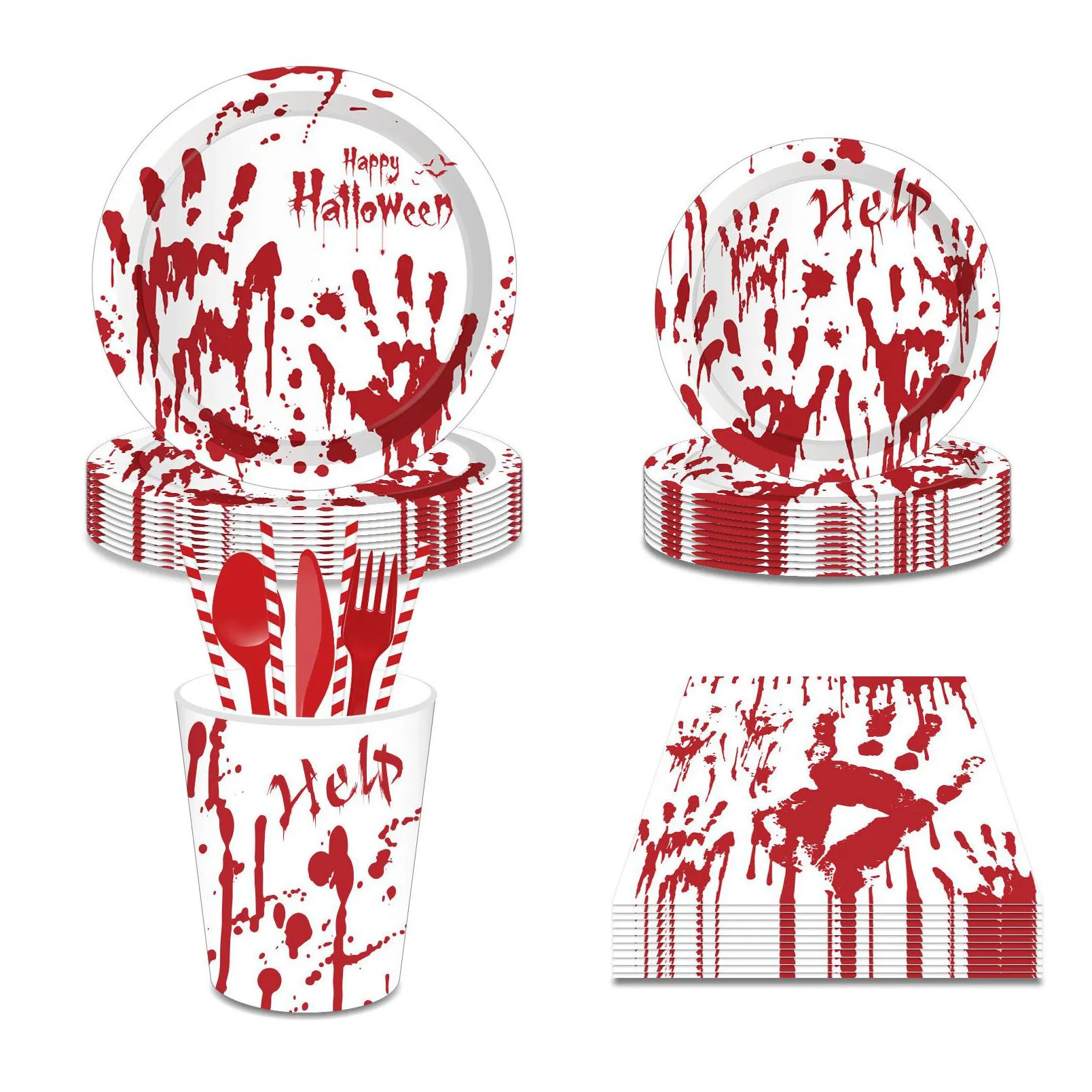 halloween blood hand bleeding paper plates party supplie plates and napkins birthday set party dinnerware serves 8 guests for plates, napkins, cups