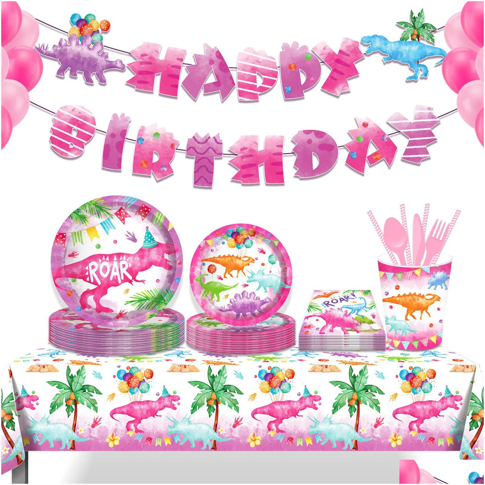 pink dinosaur girl paper plates party supplie plates and napkins birthday set party dinnerware serves 8 guests for plates, napkins, cups