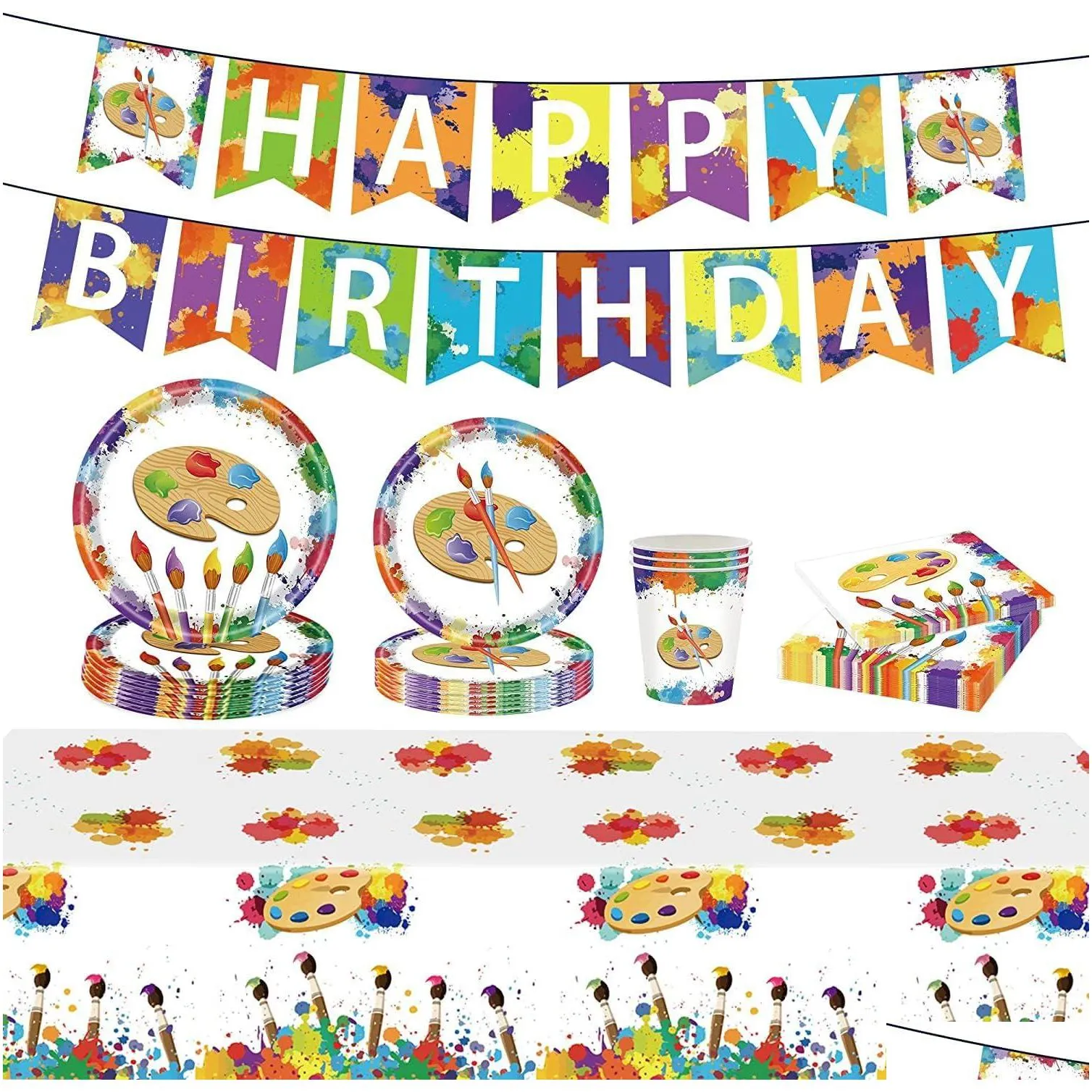 colorful paper plates rainbow plates and napkins party supplies baby shower art painting birthday set serves 20 guests art paint kit for plates, napkins, cup