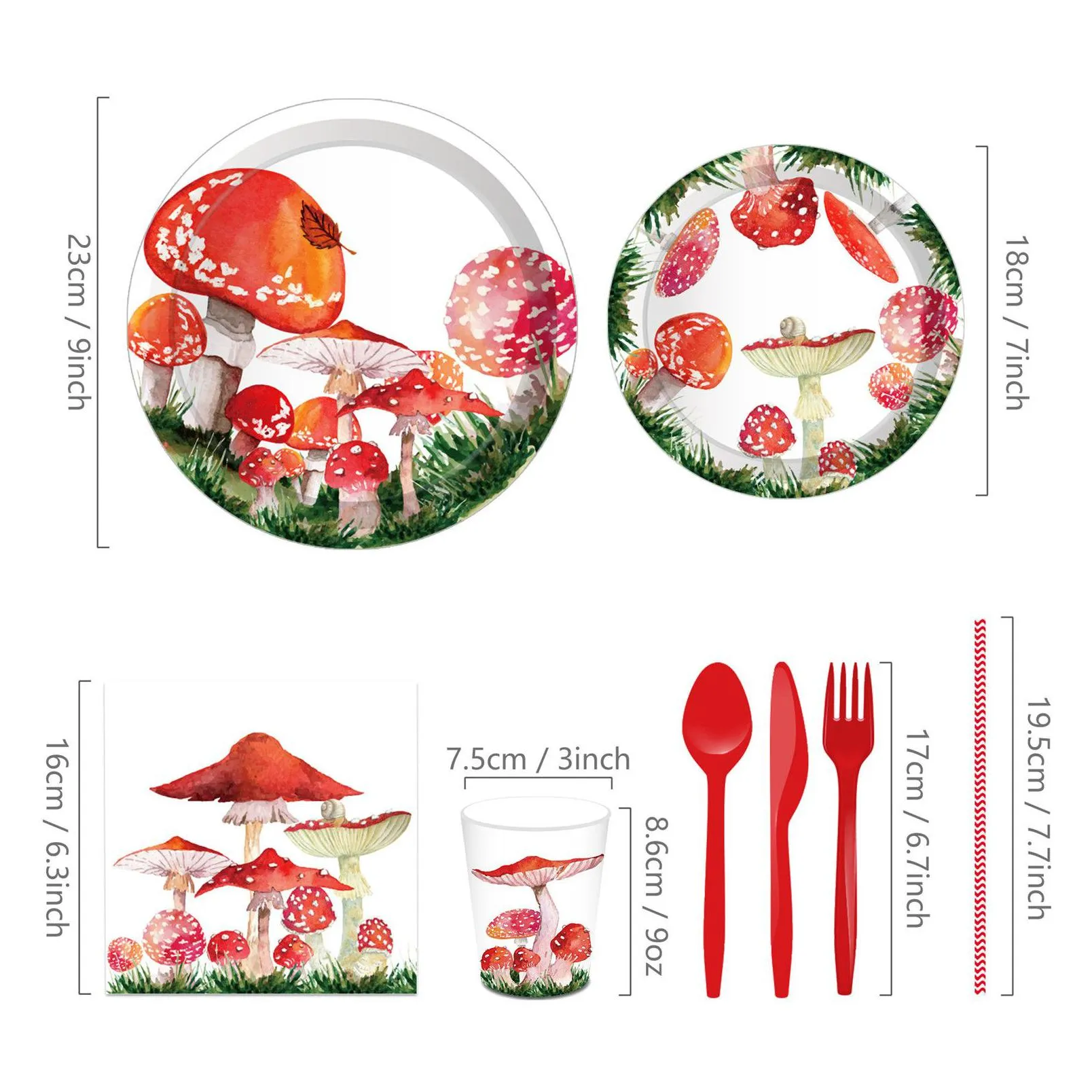 red watercolor mushroom paper plates party supplie plates and napkins birthday set party dinnerware serves 8 guests for plates, napkins, cups