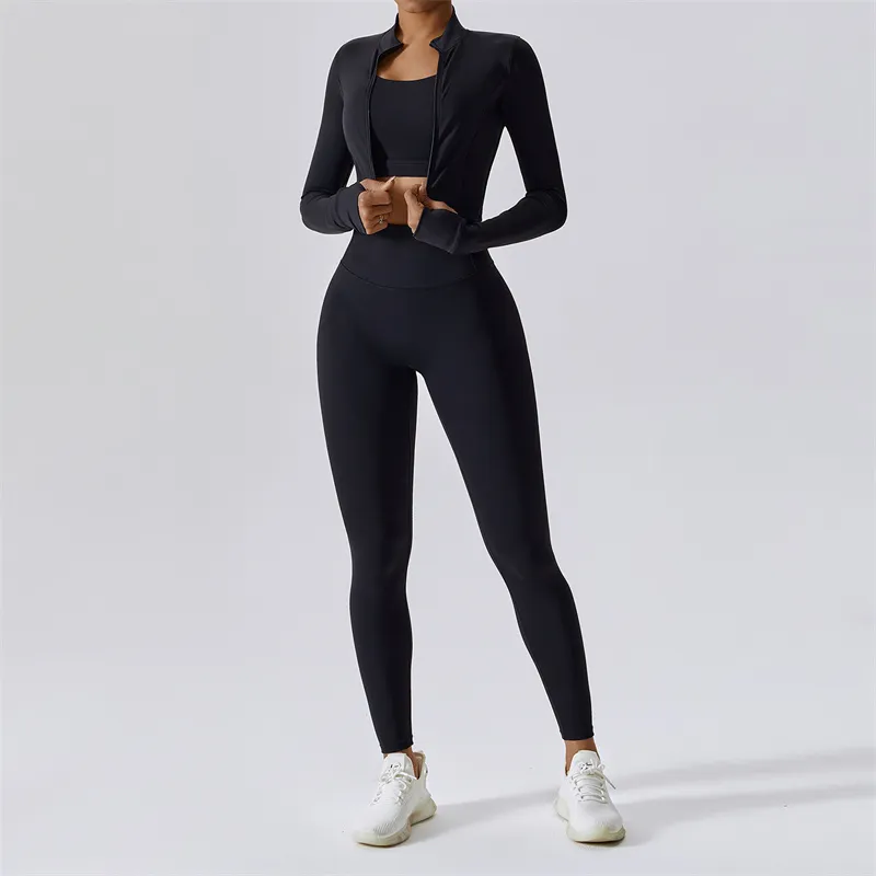 LL Brand Womens Yoga Outfit Three Pieces Vest+Pants+Jackets Suits Exercise Close-Fitting Fitness Wear Running Elastic Adult Workout Sportswear Elastic Trouser Tops