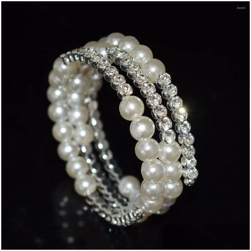 Bangle Fashion Multilayer Crystal Pearl Bracelet Ladies Rhinestone Bangles Gold Silver Plated Cuff Bracelets Wedding Jewelry