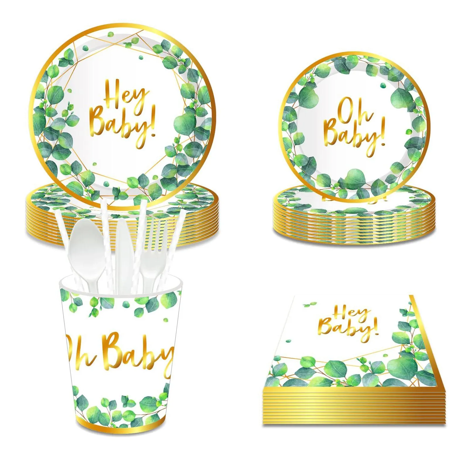 eucalyptus plates hey baby plates oh baby plates and napkins baby shower birthday plates green floral party supplies serves 8 guests for plates napkin cups