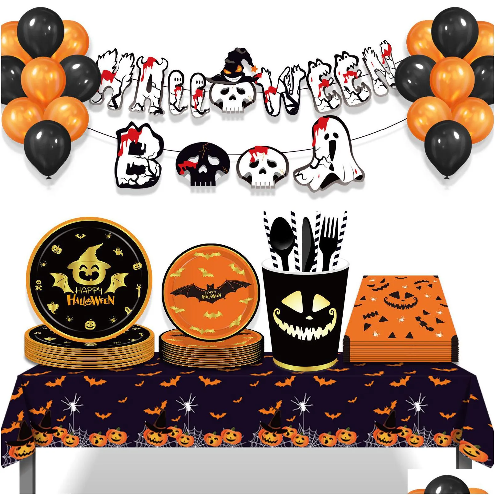 halloween pumpkin blood hand bat paper plates party supplie plates and napkins birthday set party dinnerware serves 8 guests for plates, napkins, cups