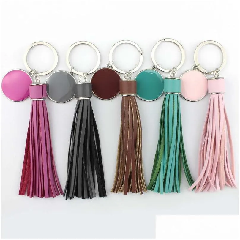 Keychains Fashion Silver Round Pompom PU Leather Tassel Keychain Bag Charms Key Ring Personalized Enamel Jewelry Valentines Day1