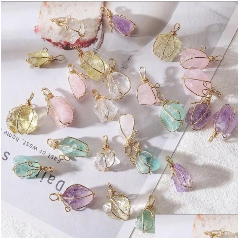 party gift Irregular Nature Stone Pendant amethyst Rose Quartz White crystal Lemon crystal necklace