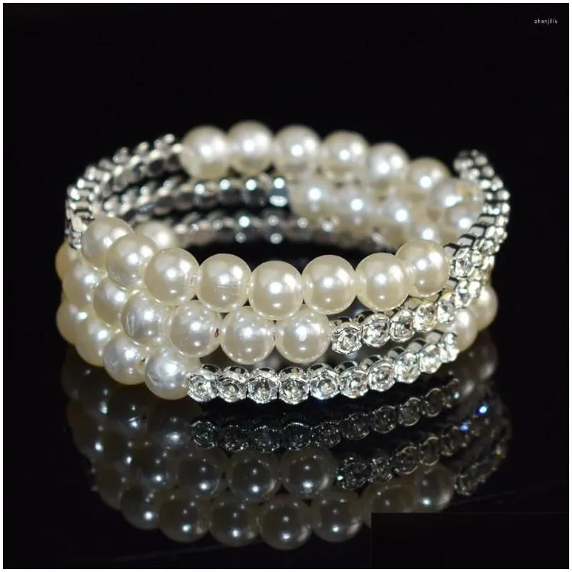 Bangle Fashion Multilayer Crystal Pearl Bracelet Ladies Rhinestone Bangles Gold Silver Plated Cuff Bracelets Wedding Jewelry