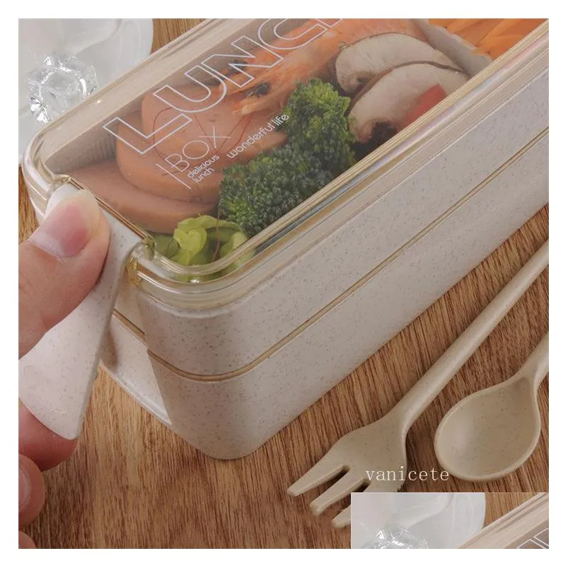 home lunch boxes 3 grid wheat straw bento transparent lid food container for work travel portable student lunch boxes containers lt255