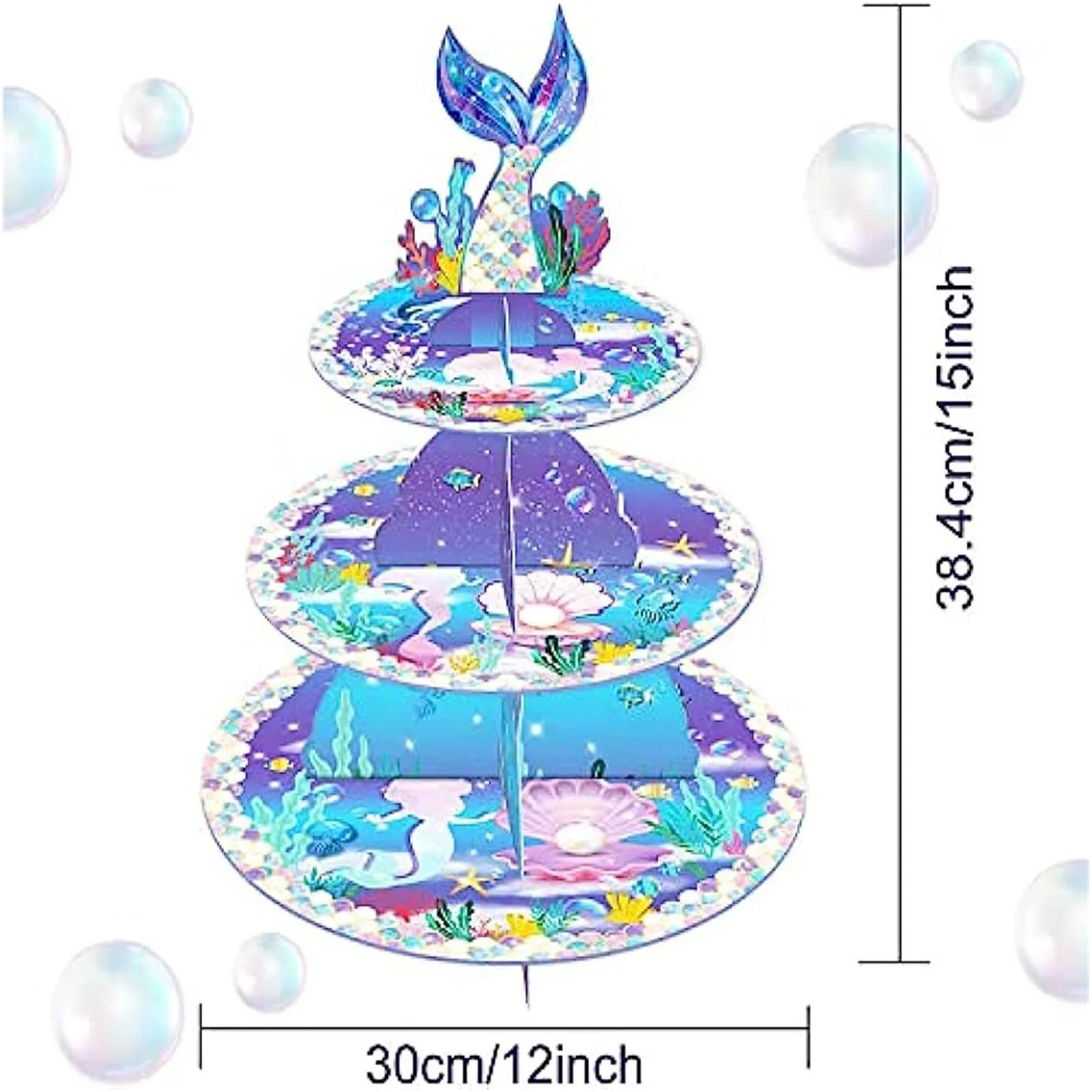 mermaid cake stand 3-tier cardboard cupcake holder tower round desserts pastry serving tray party supplies for 12-18 cupcakes perfect baby shower birthday