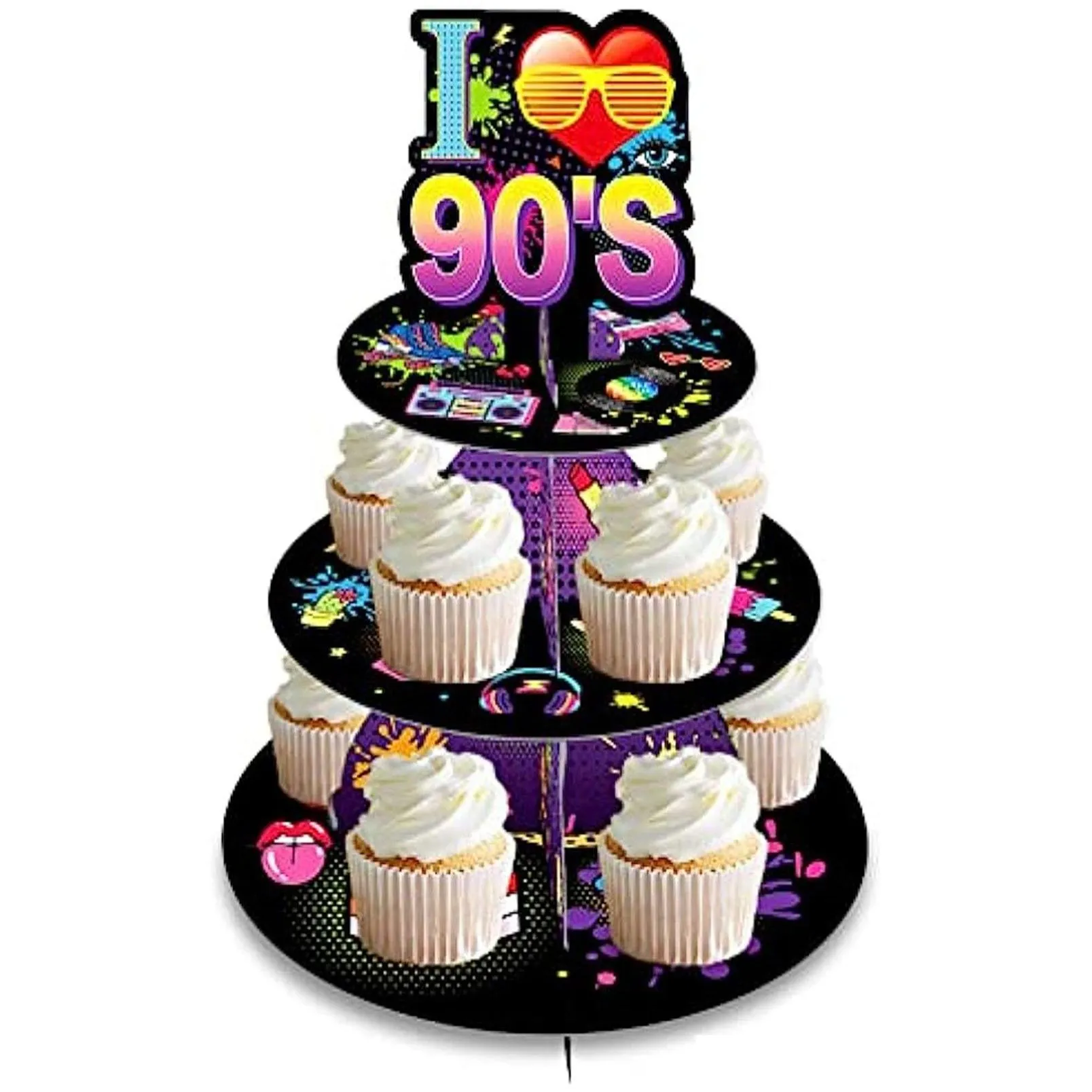 90s cardboard cupcake stand holder tower 3 tier round desserts pastry serving tray for 12-18 cupcakes perfect for wedding birthday party supplies table