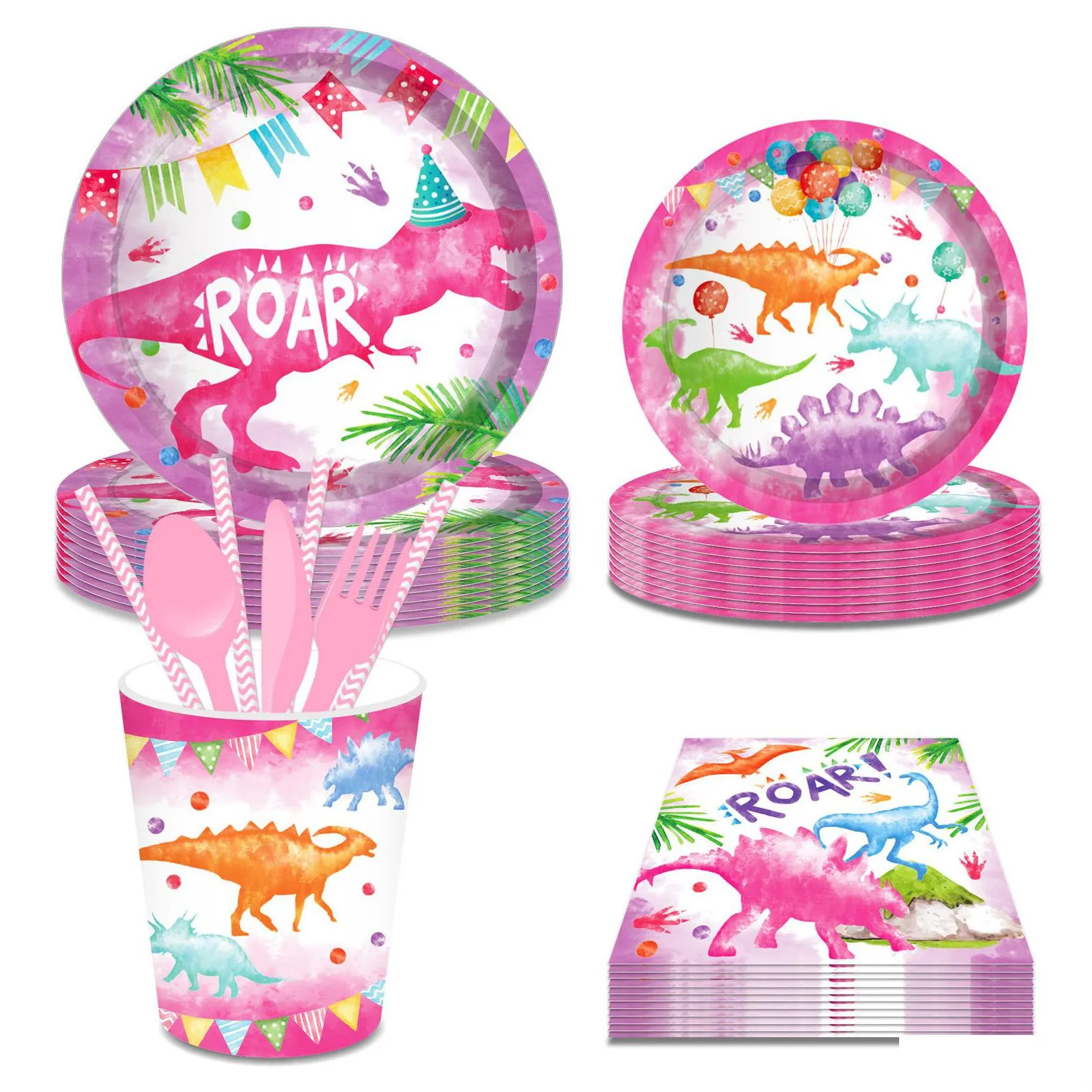 pink dinosaur girl paper plates party supplie plates and napkins birthday set party dinnerware serves 8 guests for plates, napkins, cups