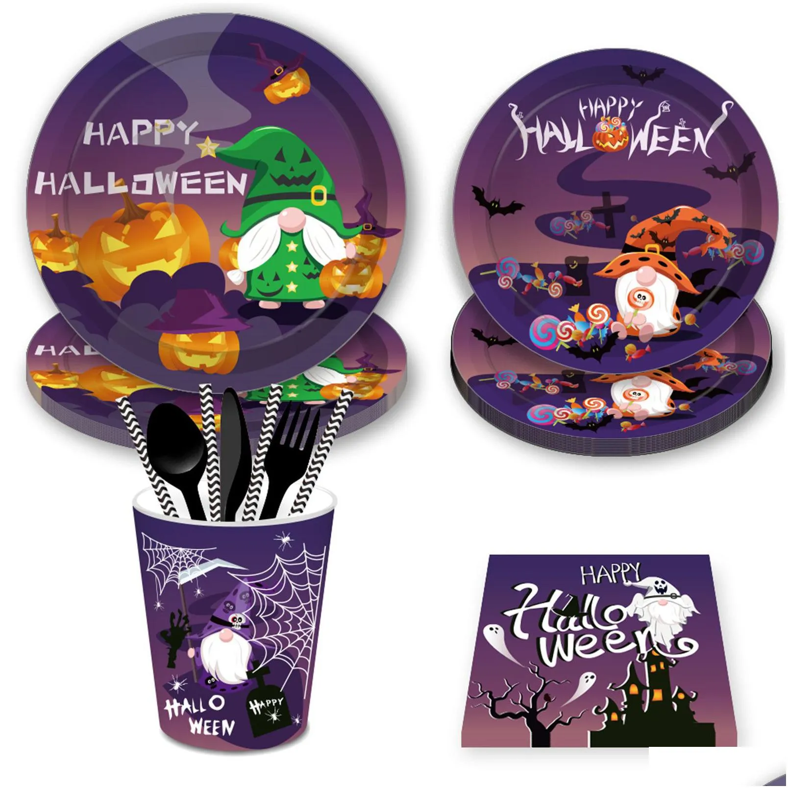 halloween dwarf faceless paper plates party plates and napkins birthday party supplie set party dinnerware serves 8 guests for plates, napkins, cups