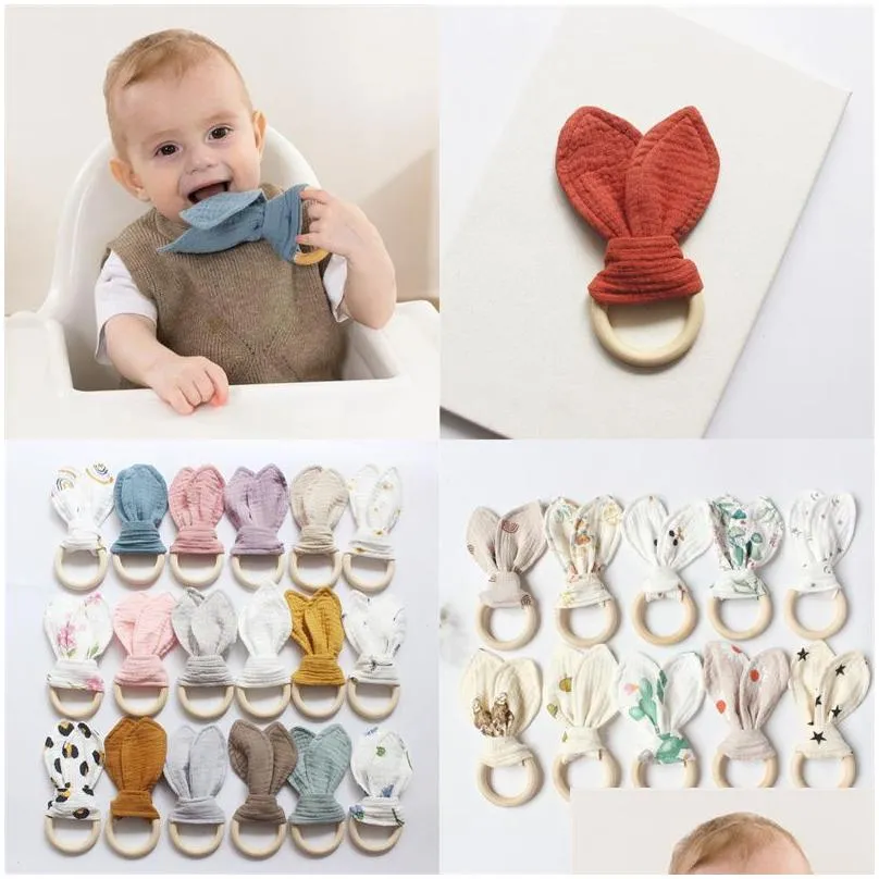 party supplies 29 colorsrabbit ear baby bite ring cotton gauze wooden grinding rings babys hand grab training toys t9i002298