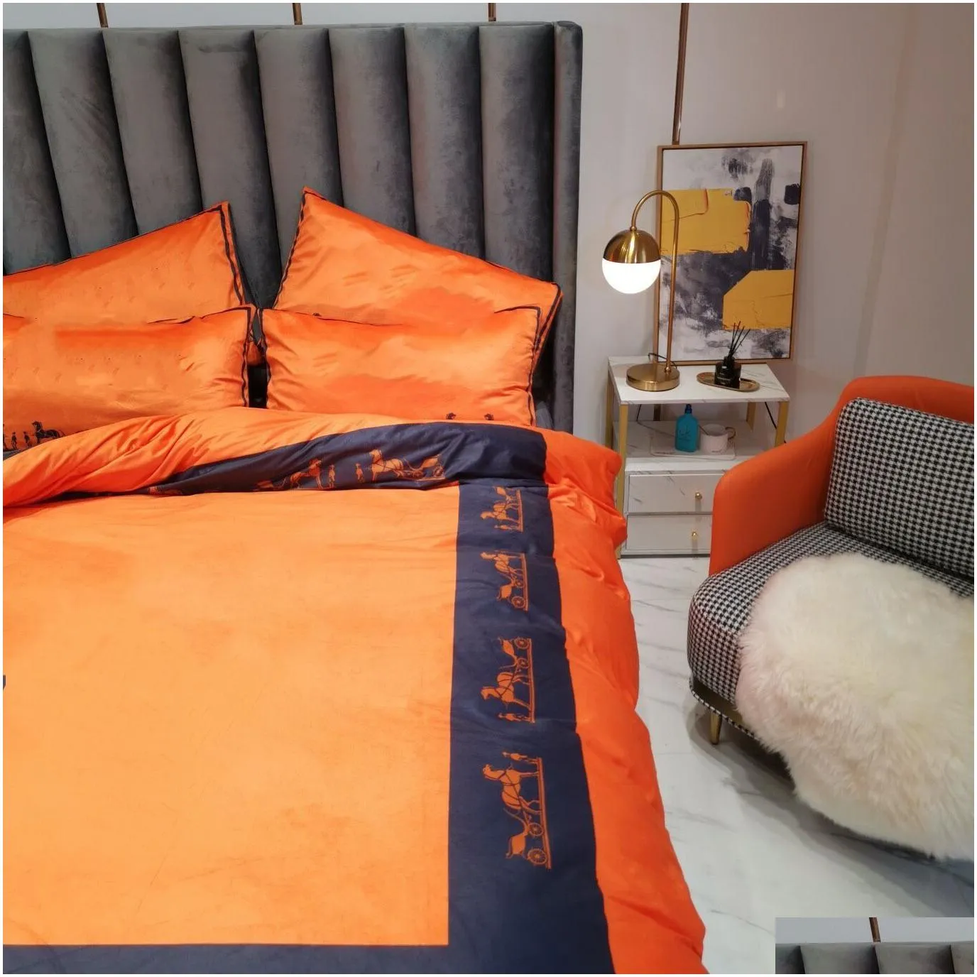 orange designer bedding sets velvet duvet cover queen size bed comforters set 4 pcs pillow cases