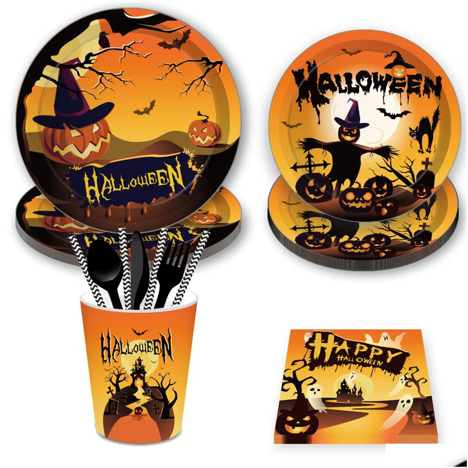 halloween pumpkin paper plates party plates and napkins birthday party supplie set party dinnerware serves 8 guests for plates, napkins, cups