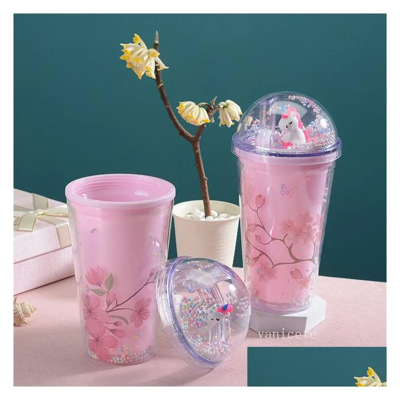 fashion tumblers drinkware plastic cups flower double-layer straw cup plastic transparent creative water cup lt290