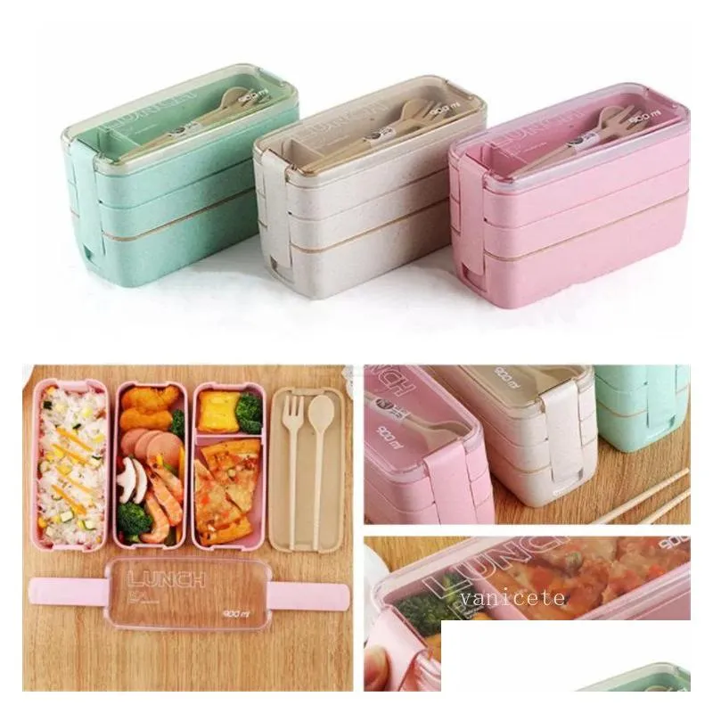 home lunch boxes 3 grid wheat straw bento transparent lid food container for work travel portable student lunch boxes containers lt255