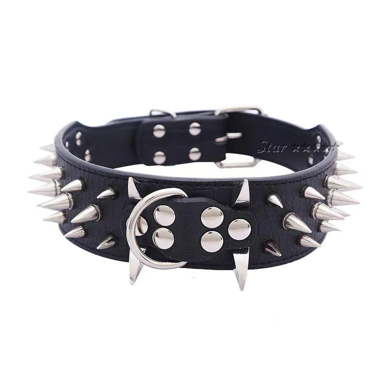 Wholesale-2inch Wide Sharp Spikes Studded Horn Nails Leather Dog Collars For Pitbull Mastiff SIZE ( M L) Free Shipping