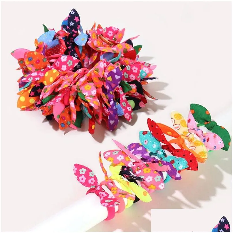 100Pcs/lot Children elastic hair band Cute Polka Bow Rabbit Ears Headband Girl Ring Scrunchie Kids Ponytail Holder Hairs Accessories