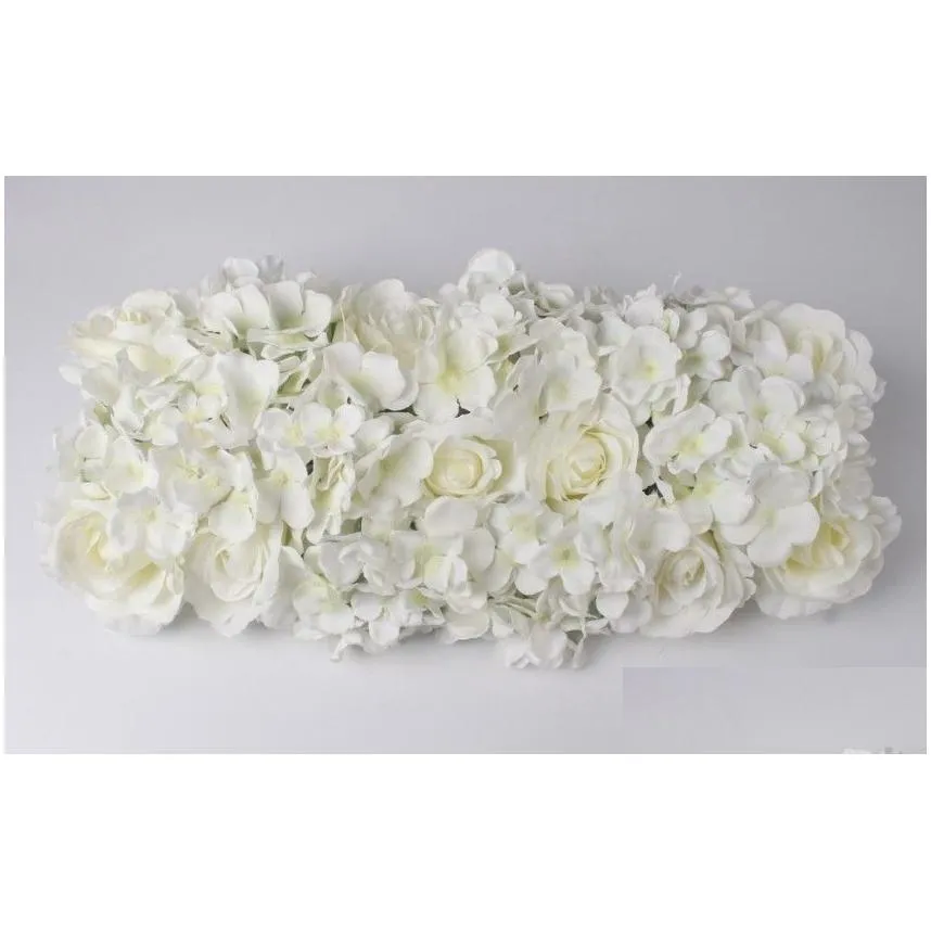 wedding silk flower row arrangement artificial hydrangea rose flower arche row cappuccino background t-station road flower decor