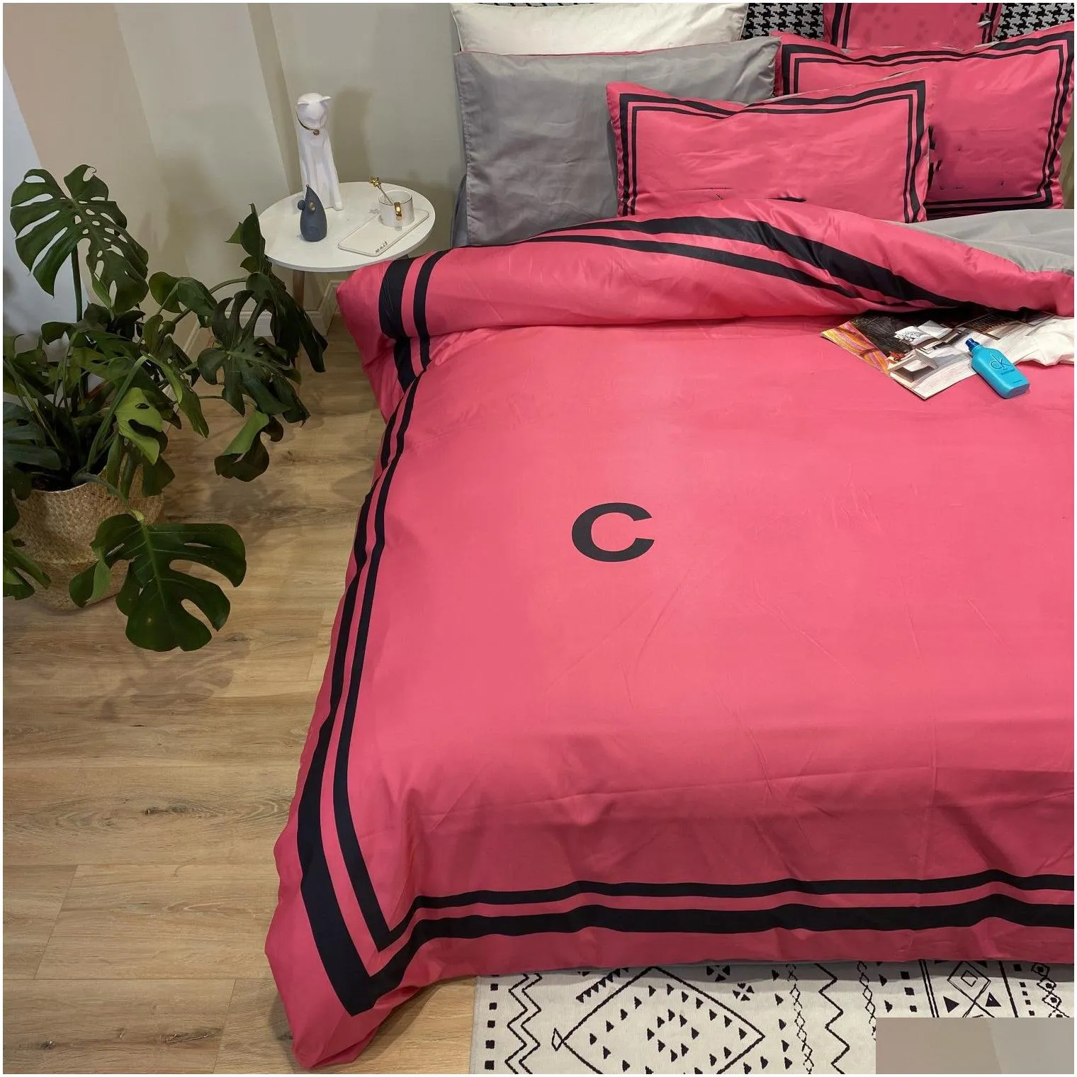 rose pink luxury designers bedding sets queen size duvet cover bed sheet pillowcases high quality designer comforter set