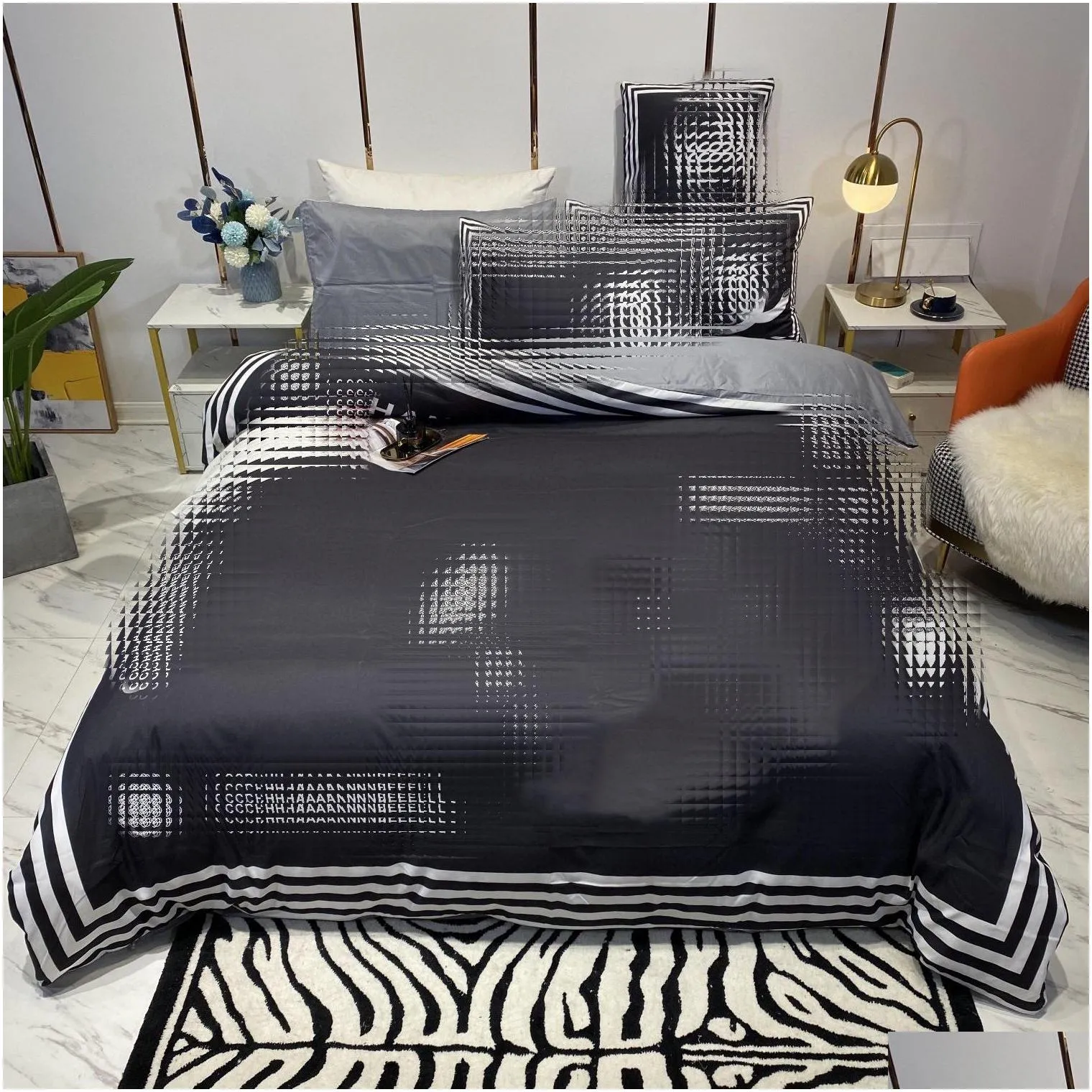 fashion designer king size bedding sets 4pcs floral printed silk queen duvet cover bed sheet black pink pillowcases high quality