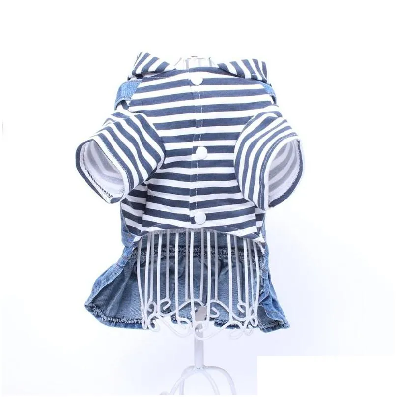 Pet Dog Jean Dress Blue&Black Striped Denim Dog Cat Dress Clothes Strawberry Design Pet Clothing 2 Colour1