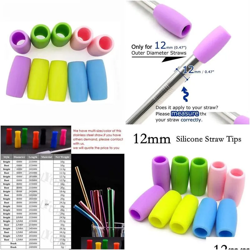 Drinking Straws 12mm Multi-Colors Food Grade Silicone Straw Tips Cover Soft Reusable Metal Stainless Steel Nozzles Only Fit For 1/2