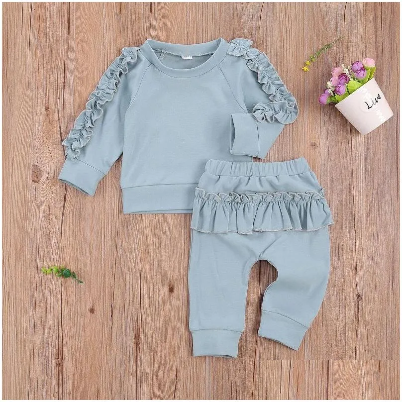 Spring Autumn Baby Girl Outfits Solid Girls Ruffle Tops Skirt Pants 2PCS Sets Toddler Girl Clothing Set Boutique Baby Clothes M2914