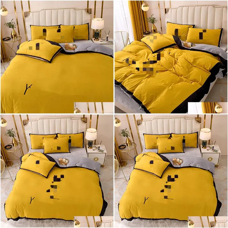 yellow winter designer bedding set velvet duvet cover bed sheet letter printed 2pcs pillowcases queen size luxury comforters sets