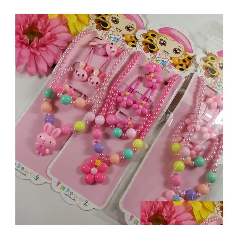 Kids gift jewelry set girl pearl beads cartoon pendants necklace bracelet ring hair clip hairband Set Christmas Party bag filler prize