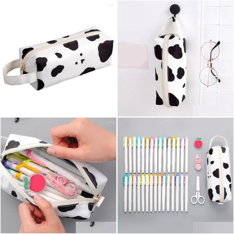 wholesale Portable Stationery Box Cartoon Cow Pen Bag Cosmetic Pouch Zippered Pocket Desktop Pencil Holder For School Office