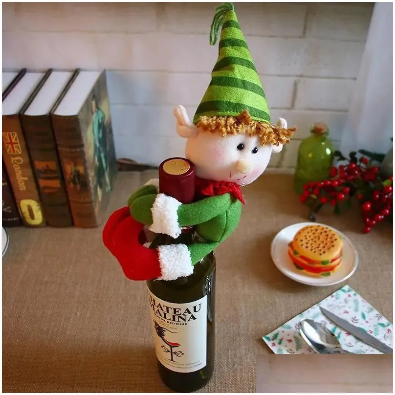  xmas red wine bottles cover bags bottle holder party decors hug santa claus snowman dinner table decoration home christmas