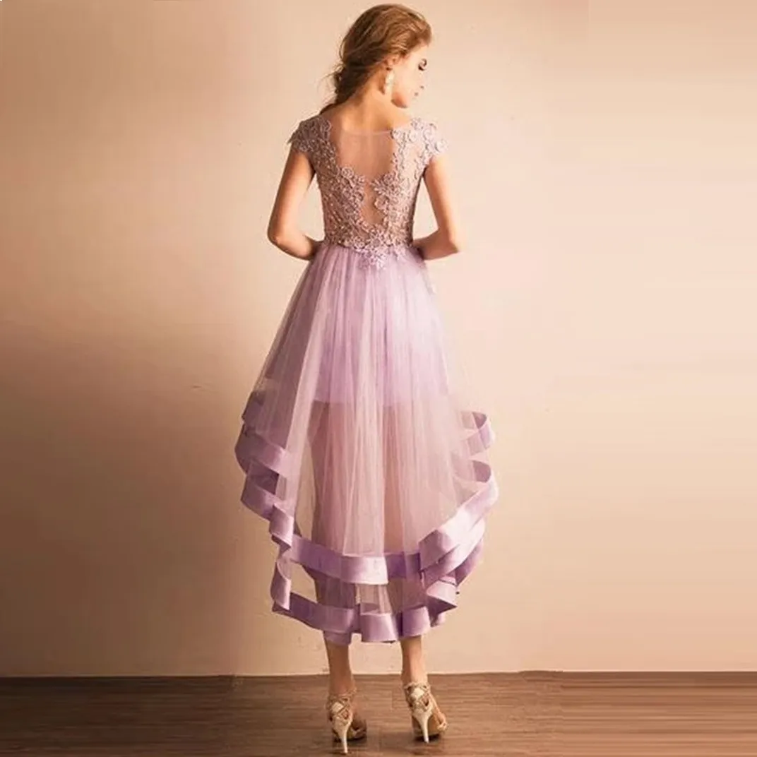 Purple Sheer Scoop Neck Homecoming Dresses Applique Zipper Back Sexy Girls' Cocktail Party Gowns High Low Short Tulle Prom Dress