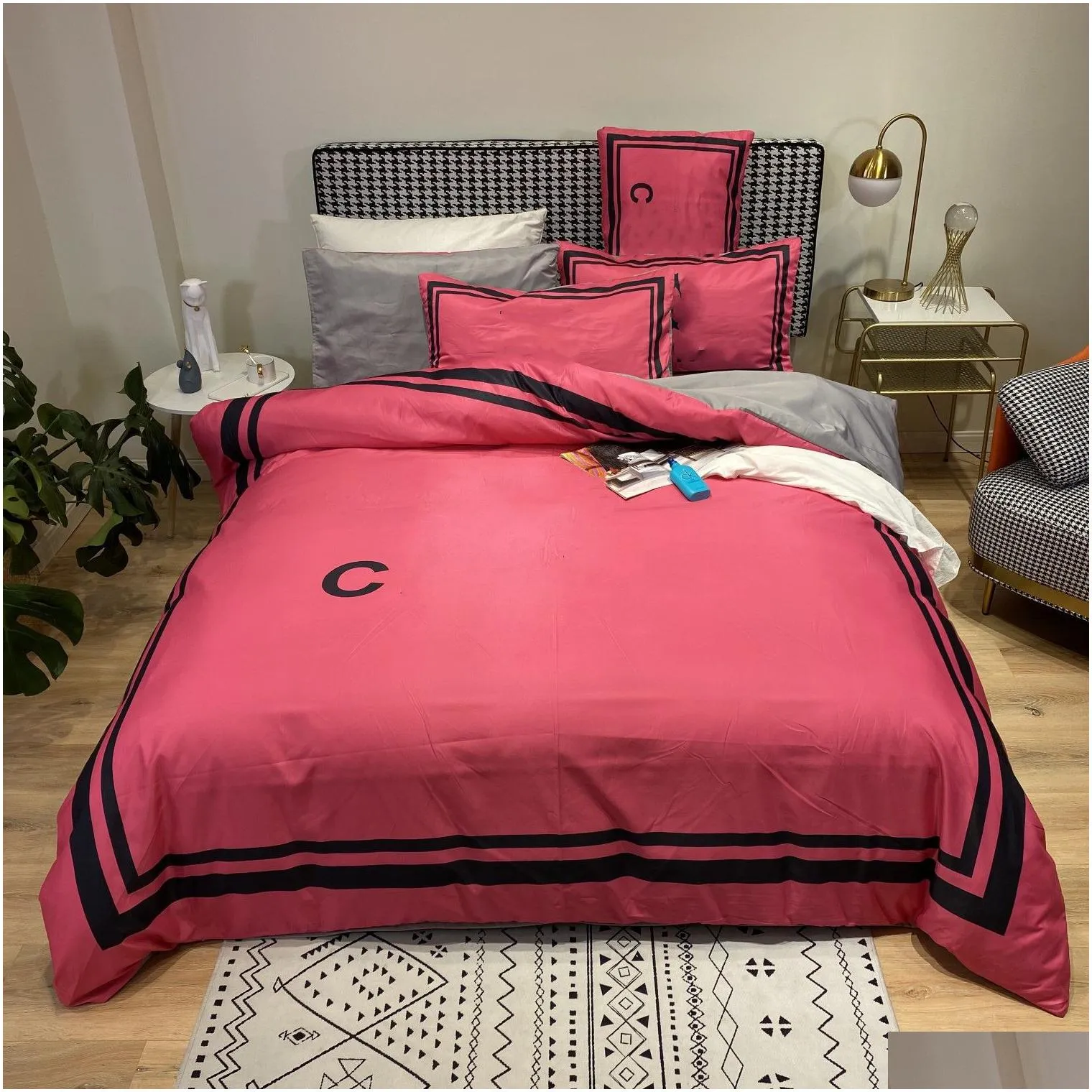 rose pink luxury designers bedding sets queen size duvet cover bed sheet pillowcases high quality designer comforter set