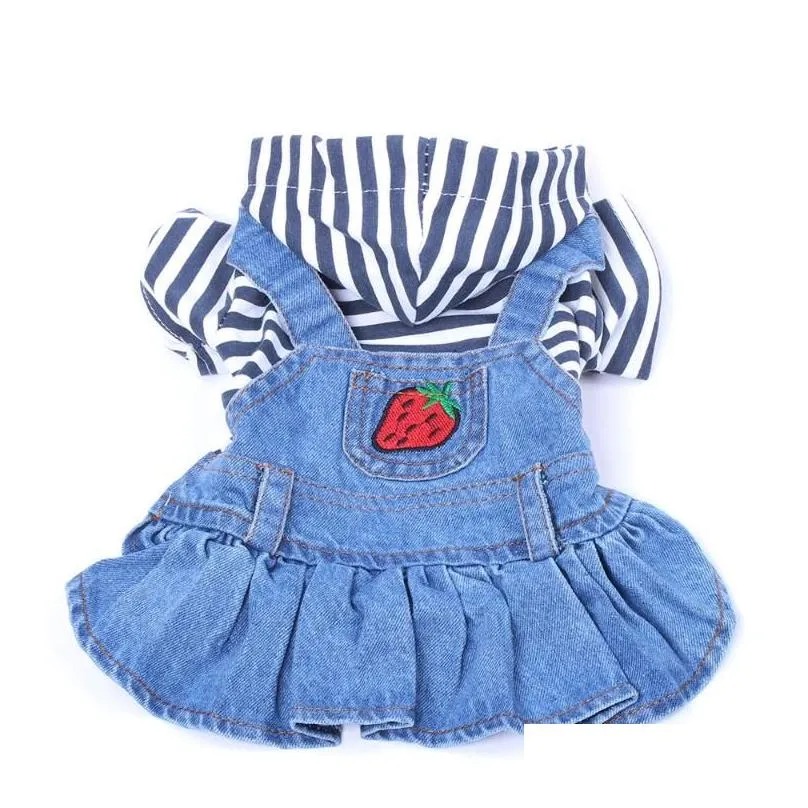 Pet Dog Jean Dress Blue&Black Striped Denim Dog Cat Dress Clothes Strawberry Design Pet Clothing 2 Colour1