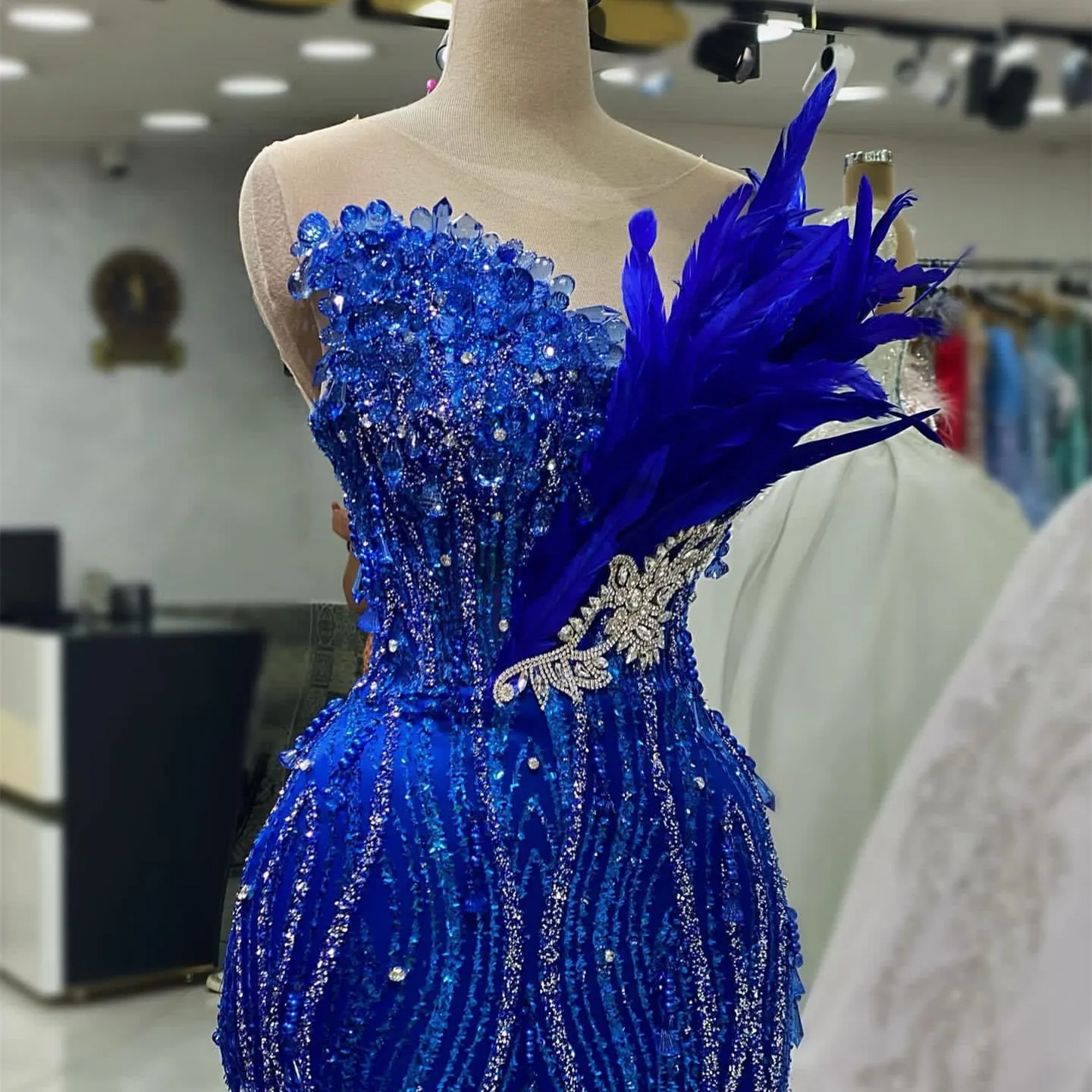 2023 Aso Ebi Arabic Mermaid Royal Blue Prom Dress Crystals Sequined Lace Evening Formal Party Second Reception Birthday Engagement Gowns Dresses Robe De Soiree ZJ24