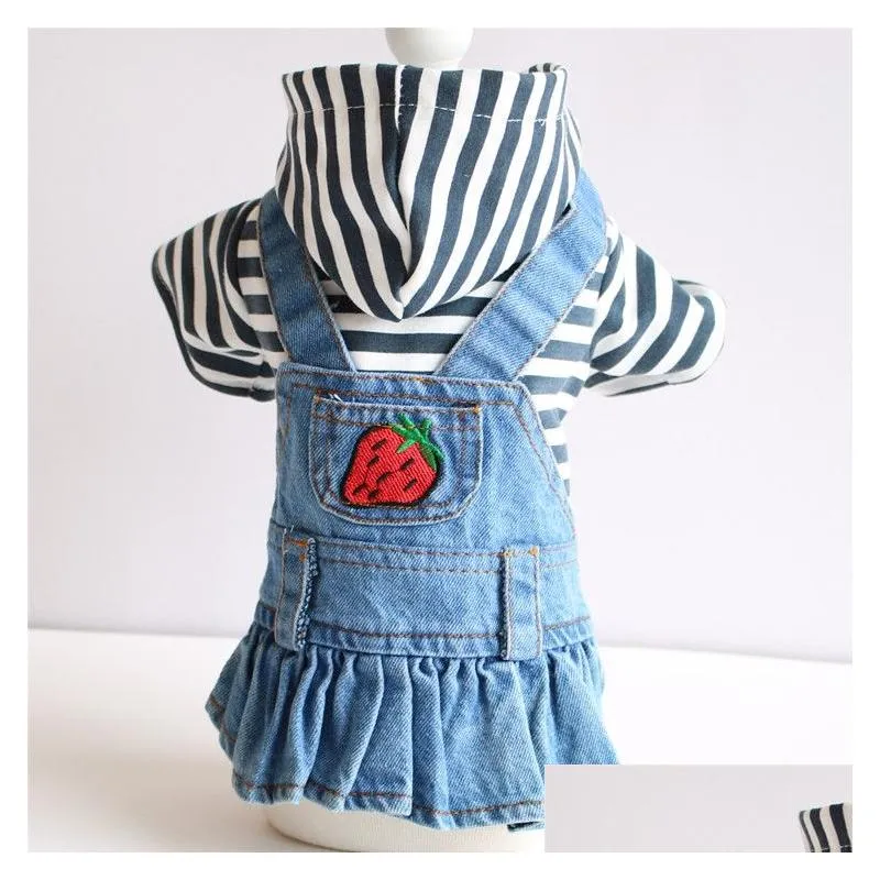 Pet Dog Jean Dress Blue&Black Striped Denim Dog Cat Dress Clothes Strawberry Design Pet Clothing 2 Colour1